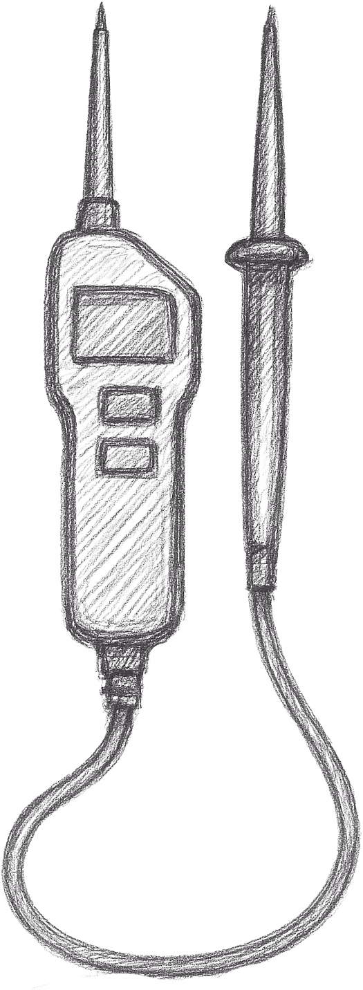 Eine Skizze eines tragbaren elektrischen Prüfgeräts mit einer digitalen Anzeige, zwei Messfühlern und einem Anschlusskabel.