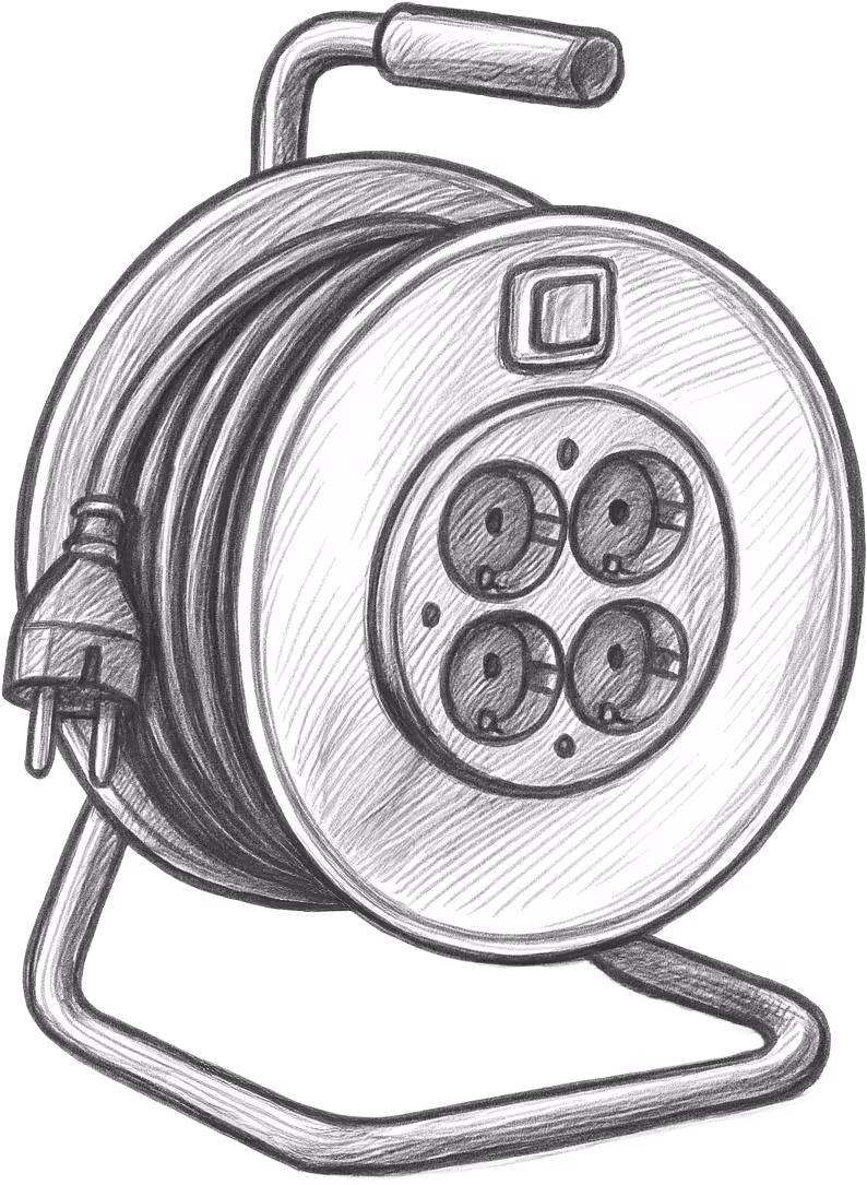 Eine handgezeichnete Illustration eines Verlängerungskabels mit vier Steckdosen und einem aufgewickelten Stromkabel auf einem Metallständer.