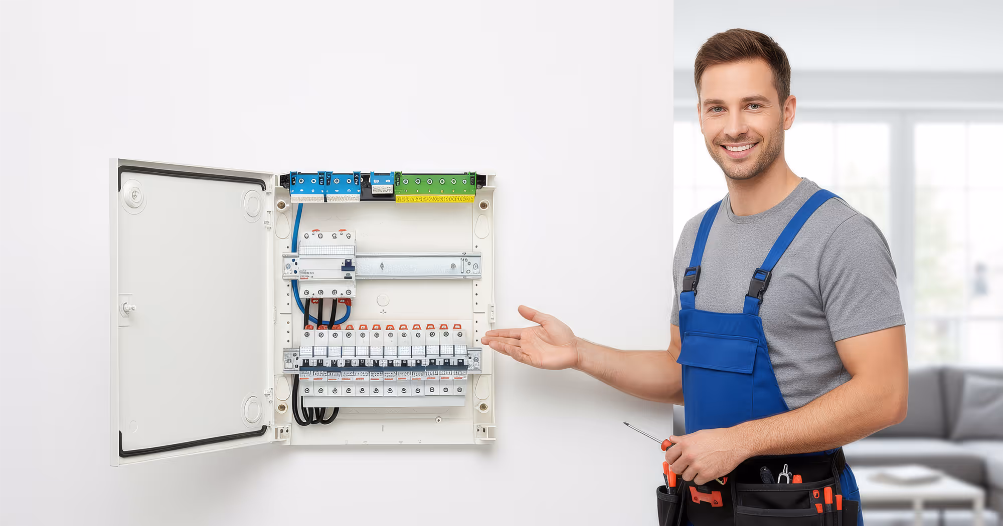 Ein lächelnder Elektriker in blauem Overall steht neben einer offenen Schalttafel und gestikuliert in Richtung der Stromkreisunterbrecher im Inneren.