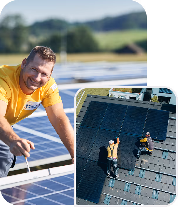 Ein Handwerker stützt sich auf eine Solaranlage. Solaranlage wird auf dem Dach installiert