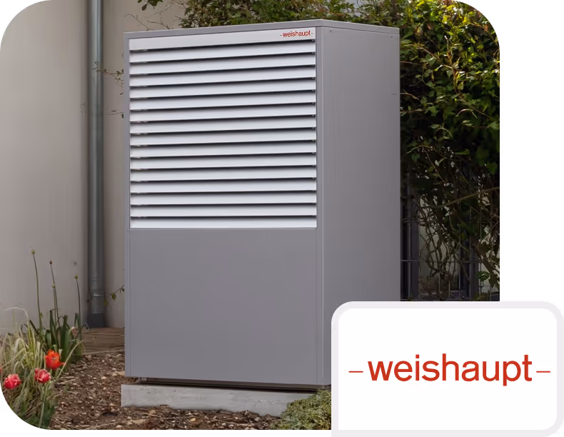 Graue Wärmepumpe von Weishaupt außen
