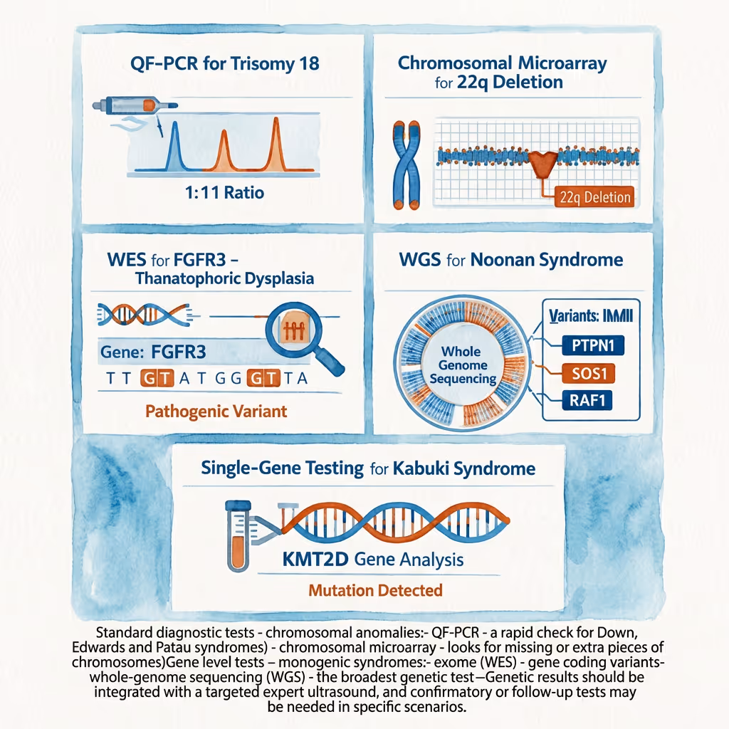 QF-PCR and chromosomal microarray comparison diagram for Trisomy 16 detection in prenatal screening, illustration by SMART NT