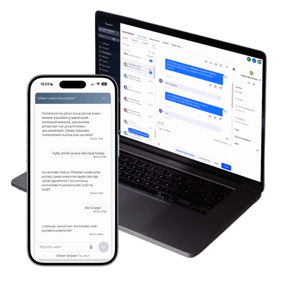 Tietokone sekä puhelin, joiden näytöillä näkyy Tauoton -tekoälyjärjestelmää