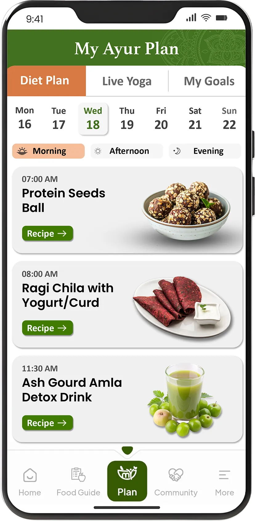 My Ayur app showing personalized Ayurveda diet plan