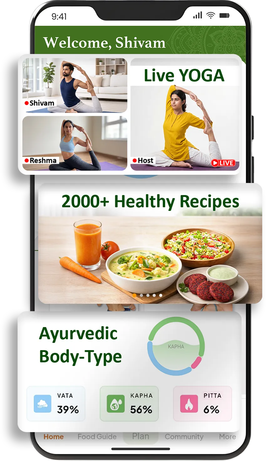 My Ayur app showing Ayurveda diet plan, live yoga classes, Prakriti body type, and wellness goals