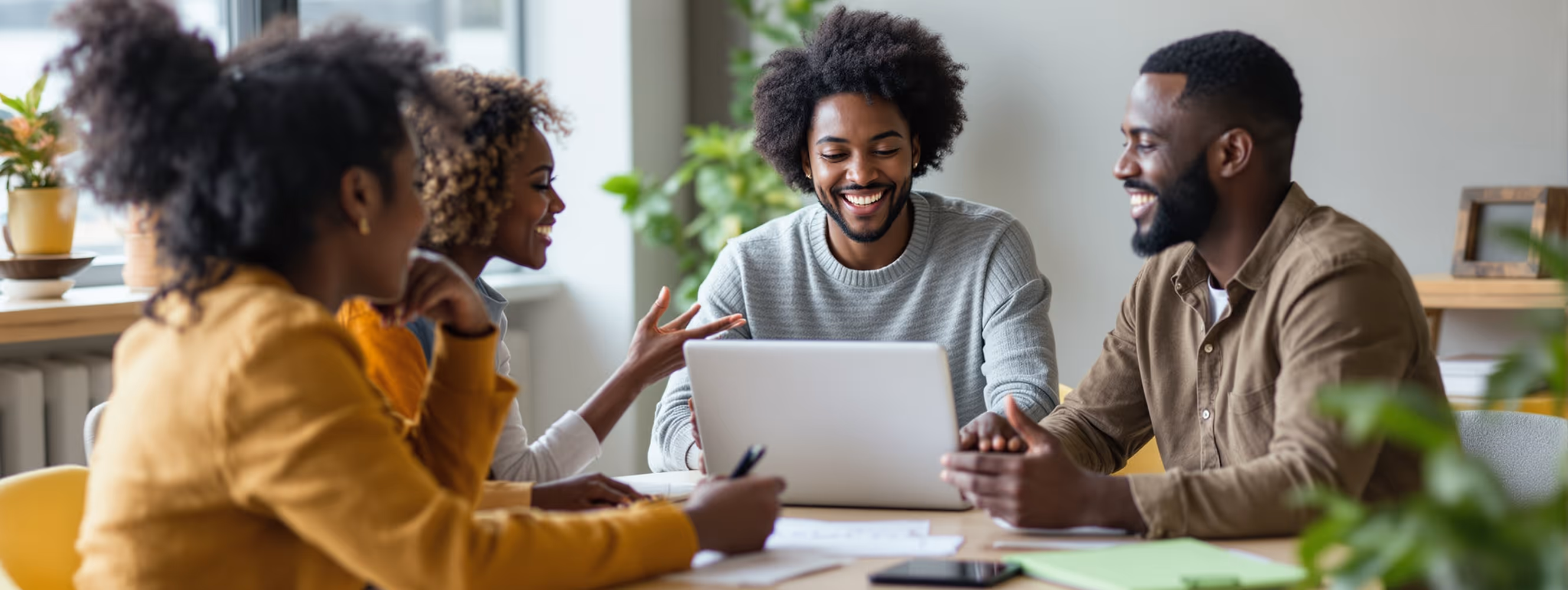 Quatre personnes souriantes discutent autour d'un ordinateur portable lors d'une réunion informelle en bureau.