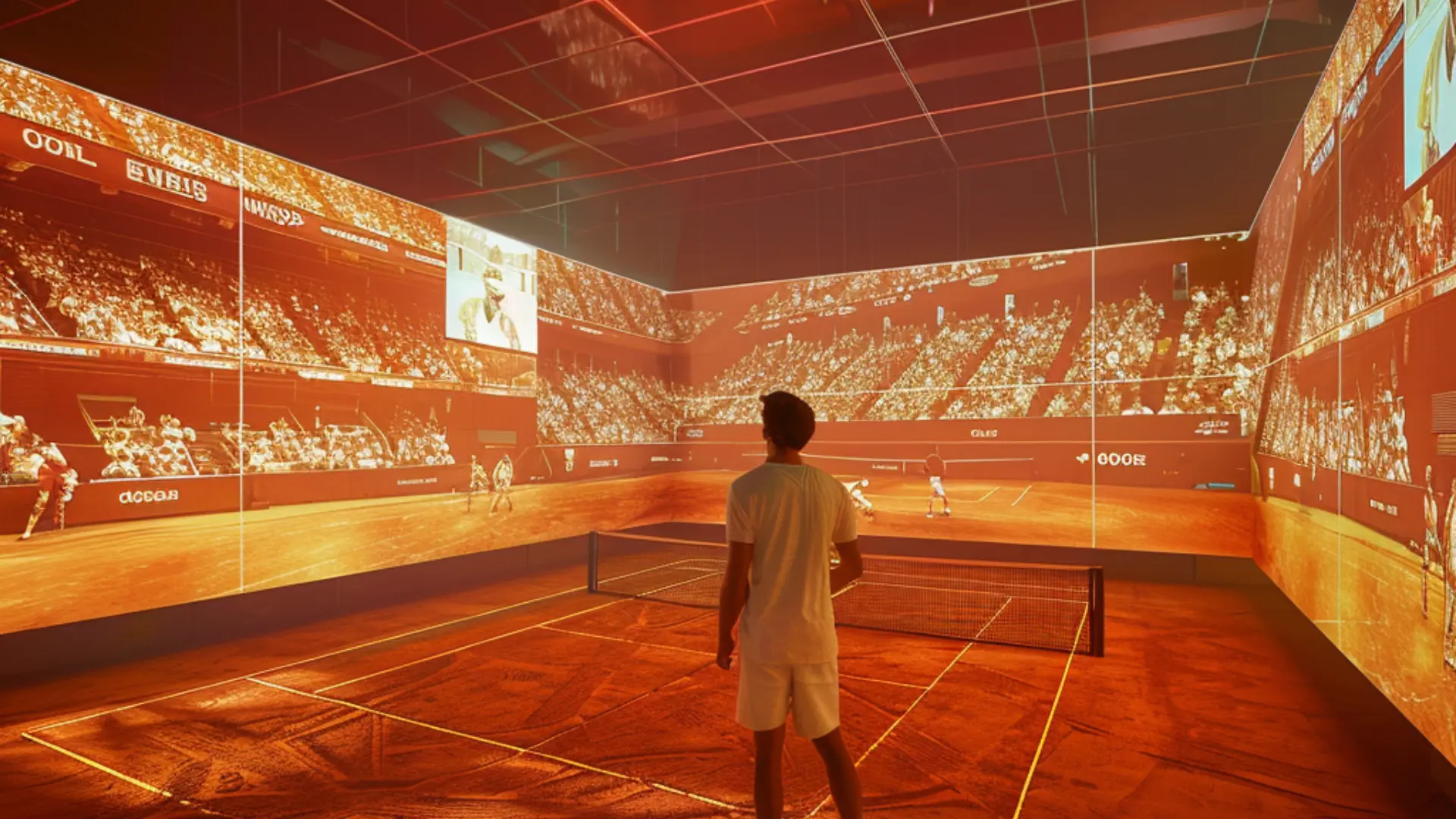 concept box immersif, salle tennis - écran et mur d'un court de tennis
