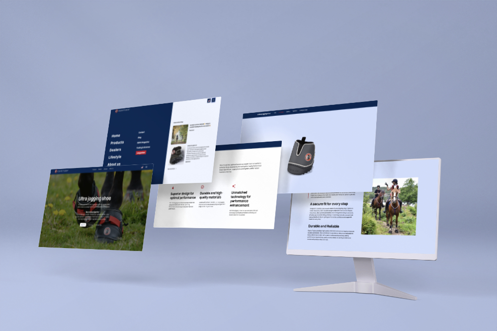 Dataskjerm viser flere flytende nettsidebilder for hesteskoprodukt og ryttere på hest i terreng.