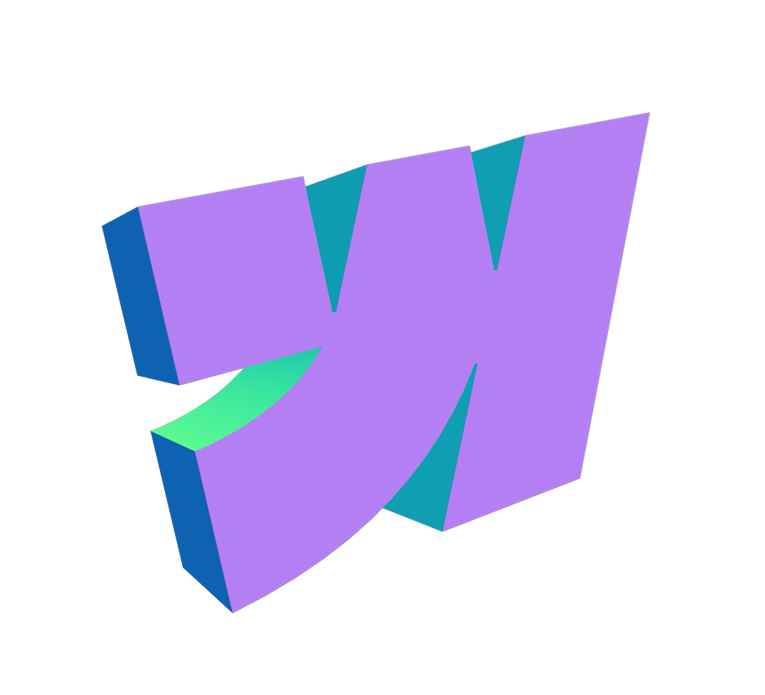 3D-logo med lilla og blå former i et abstrakt design på svart bakgrunn.