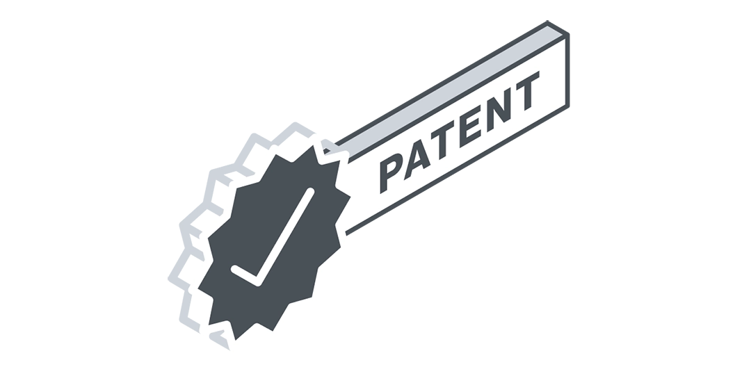 Graphic of a dark gray badge with a white checkmark next to a rectangular banner labeled PATENT.