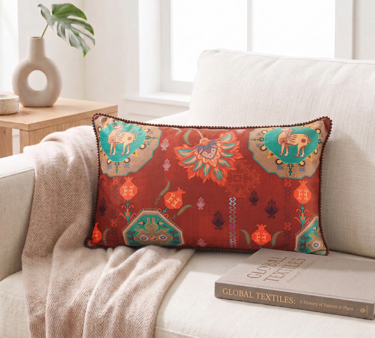 India Circus by Krsnaa Mehta Tangerine Tranquility Micro Velvet Cushion Cover
