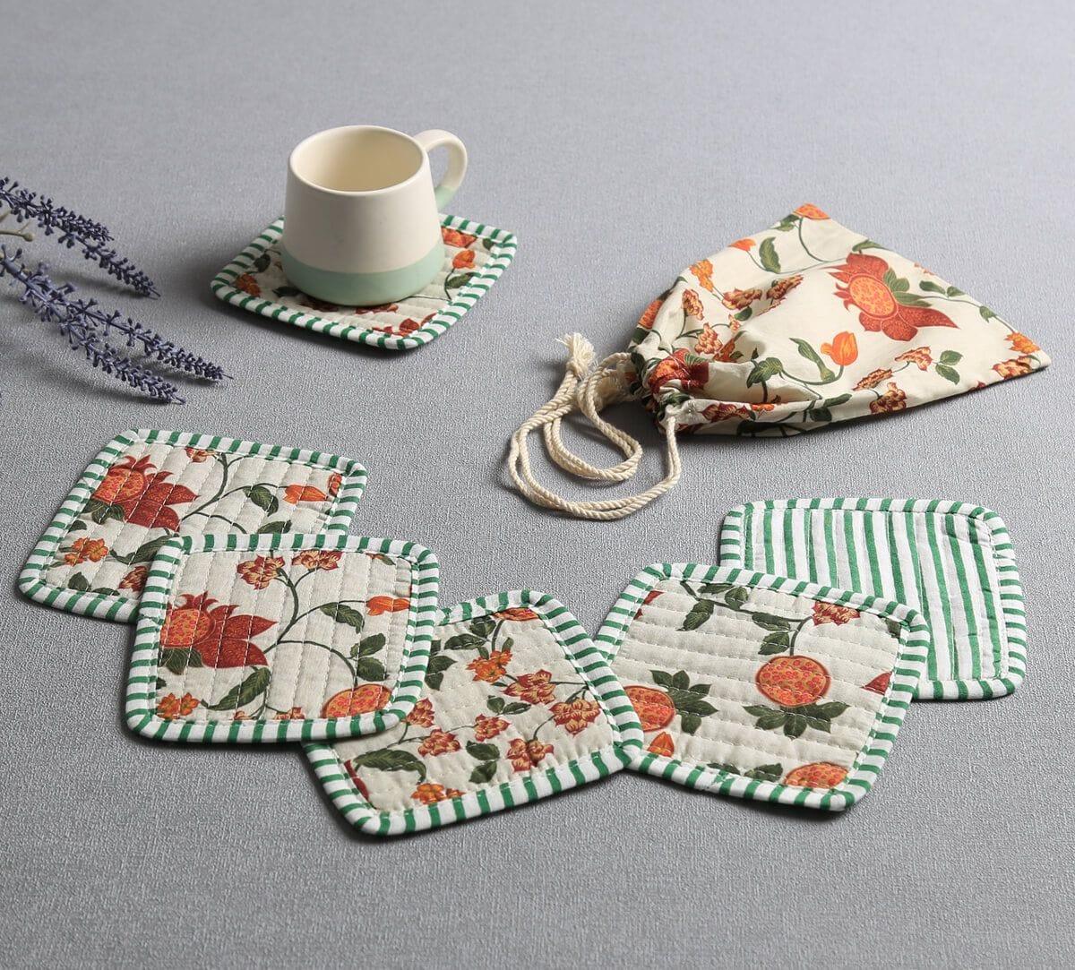India Circus by Krsnaa Mehta Blushed Orchard Quilted Coasters Set of 6 with Pouch