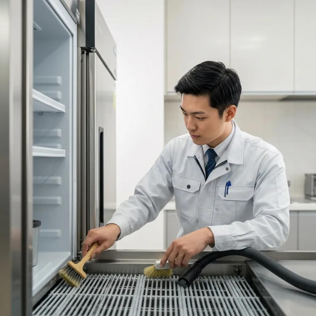 Technician performing preventative maintenance on a commercial refrigerator