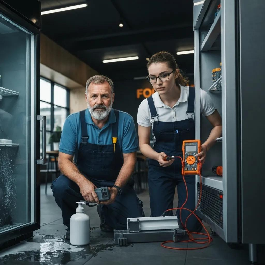 Technicians responding to a commercial refrigerator emergency in a restaurant