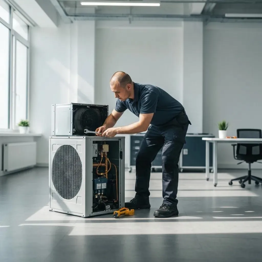 A skilled technician expertly servicing an HVAC unit in a home, highlighting our commitment to urgent and professional HVAC repair.