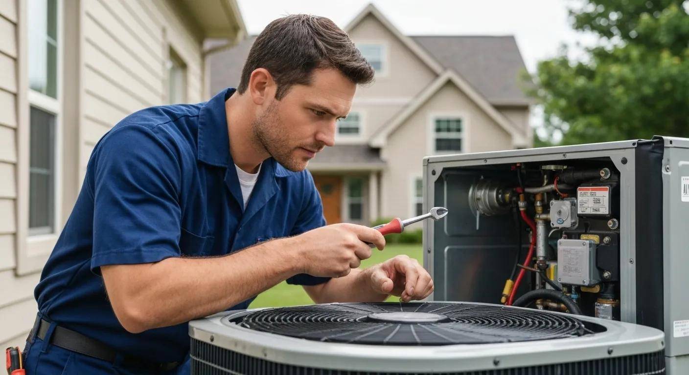 A skilled technician expertly servicing an HVAC unit in a home, highlighting our commitment to urgent and professional HVAC repair.