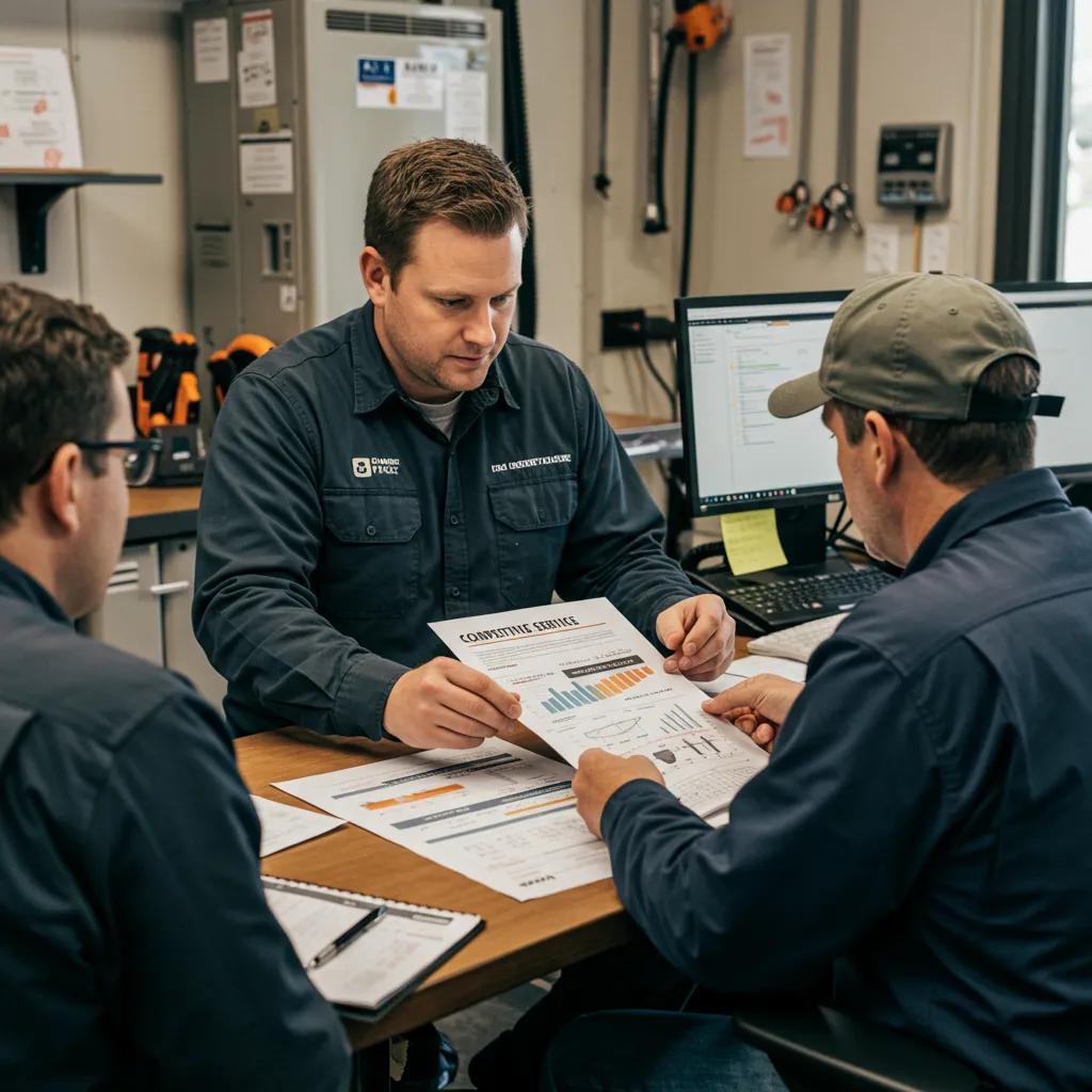 Local HVAC technicians discussing competitive pricing in their service office