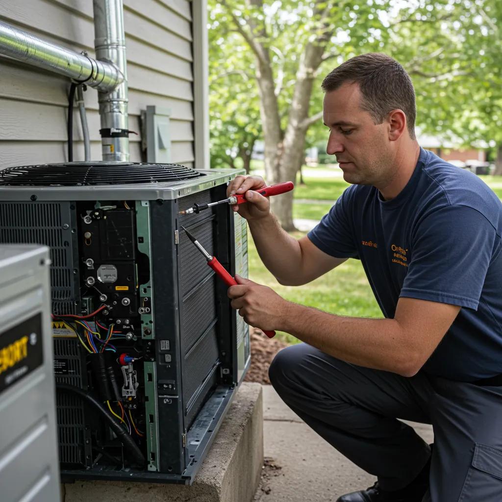 Local HVAC technician performing preventative maintenance on a residential HVAC unit