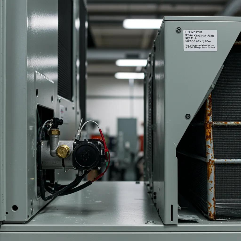 Close-up of a worn commercial HVAC system showing signs of wear and potential issues