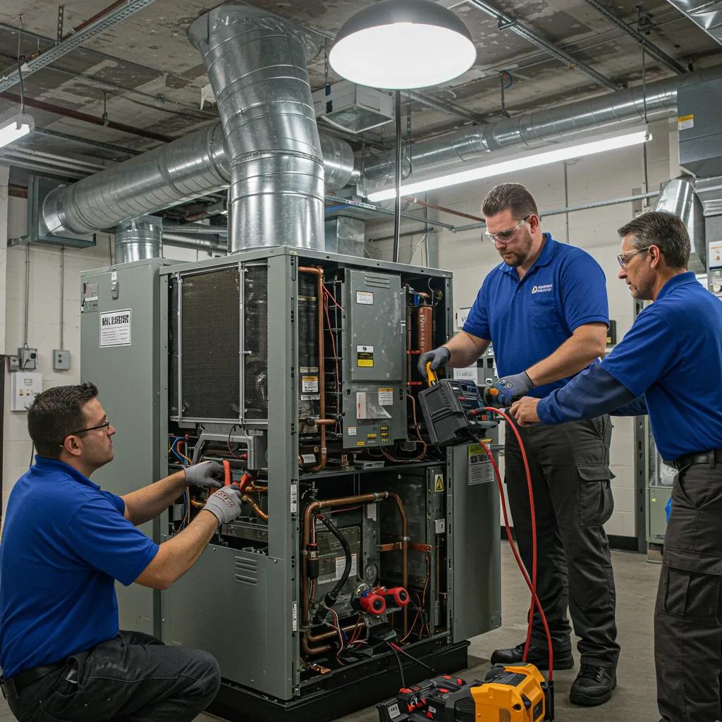 Team of professional HVAC technicians working together on a complex repair in a commercial environment