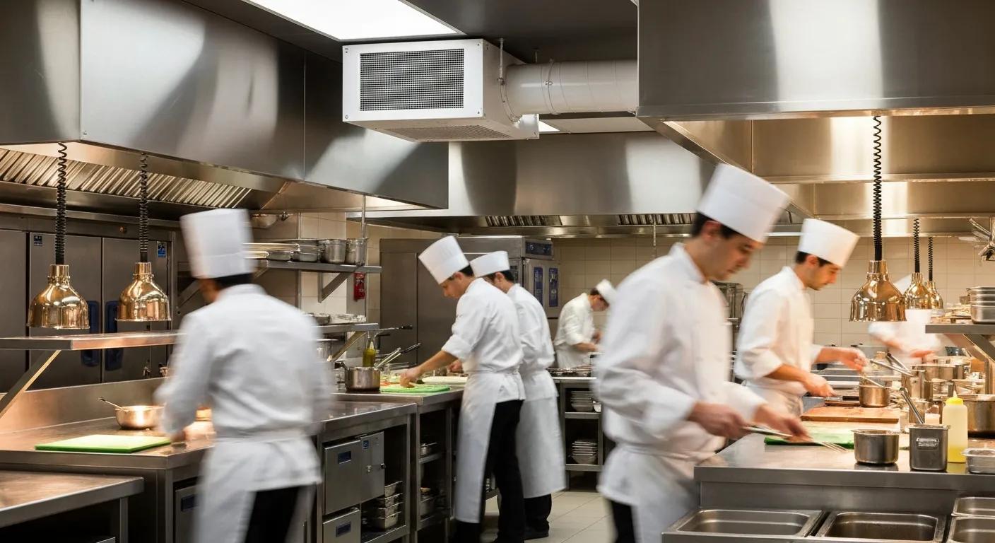 Commercial kitchen with a make-up air unit installed while chefs work
