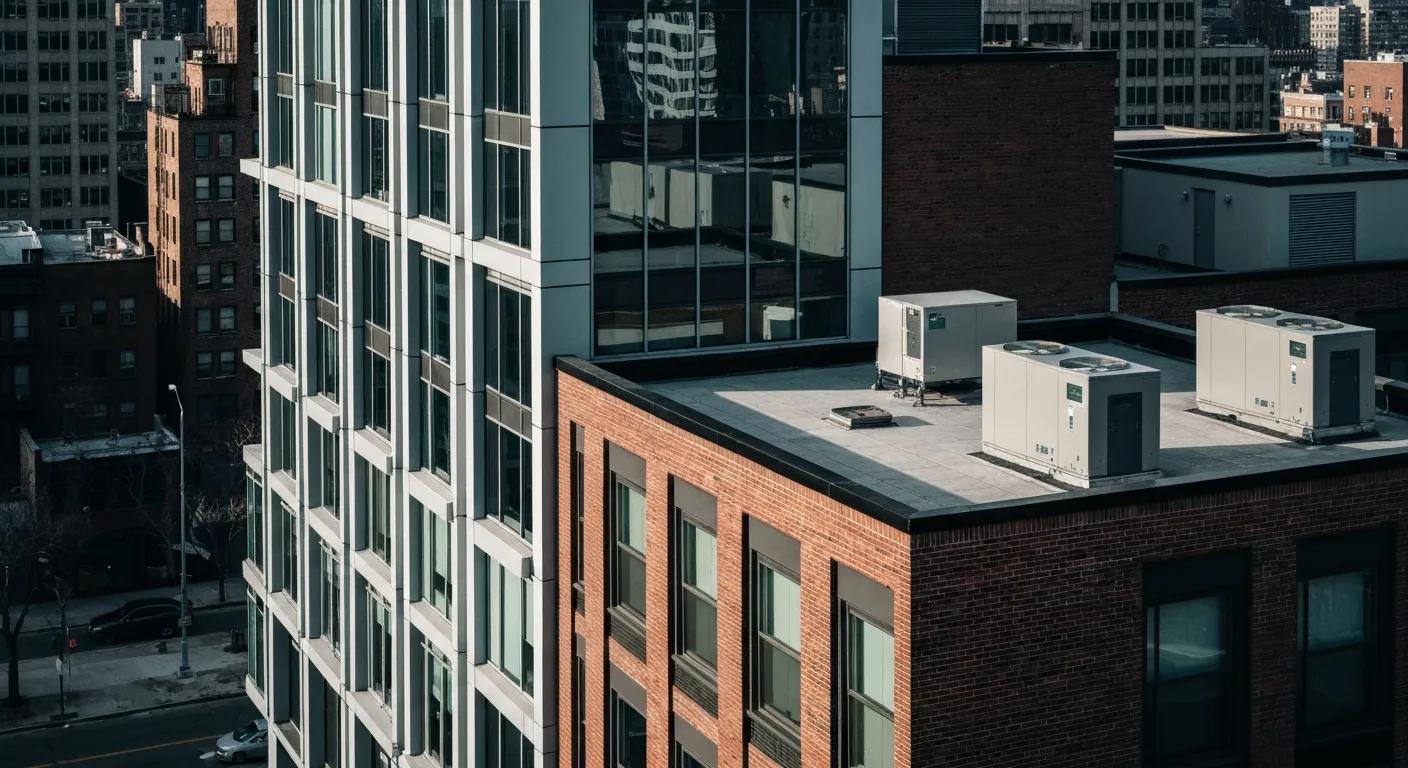 NYC building showing heat pumps and ductless mini‑splits — energy efficient urban HVAC solutions