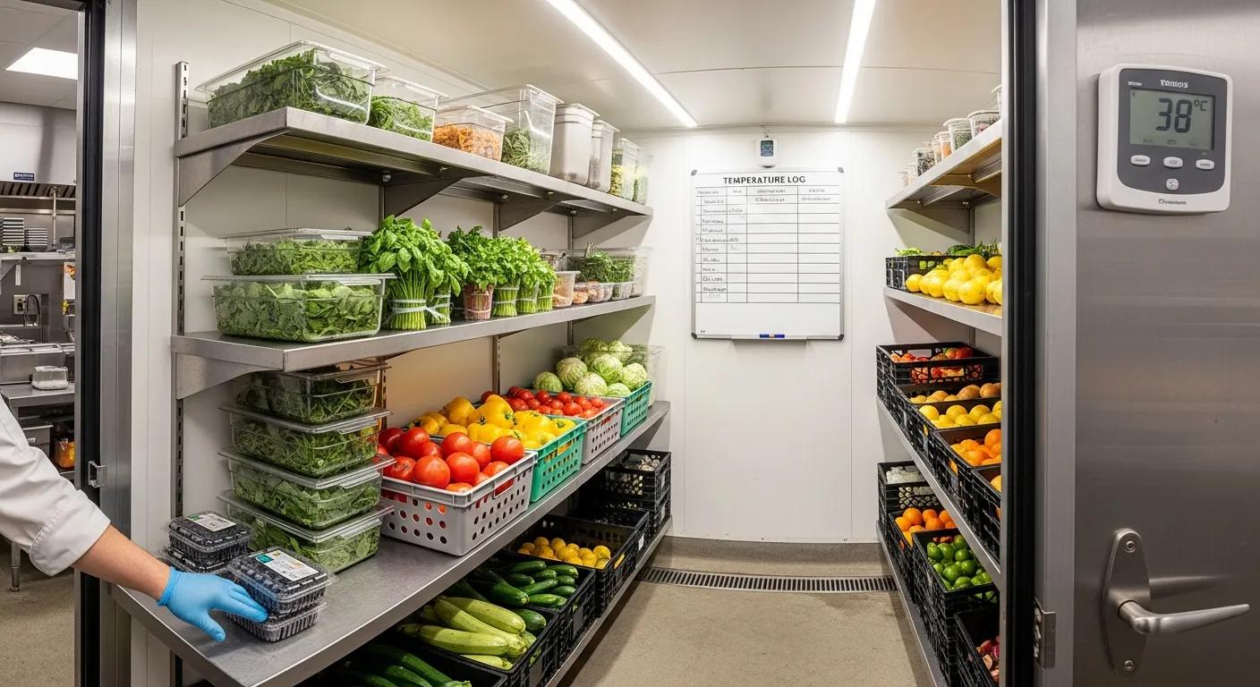 Walk‑in cooler in a NYC commercial kitchen with fresh produce — maintenance and food‑safety focus