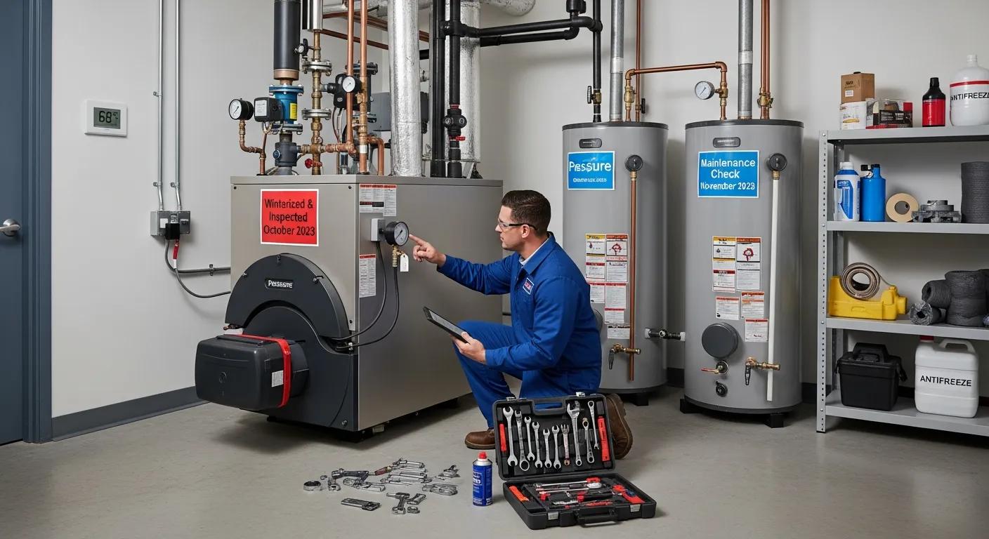 Commercial boiler and water heater inside a heated utility room highlighting winter preparation and maintenance