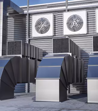 Commercial ductwork connected to rooftop equipment