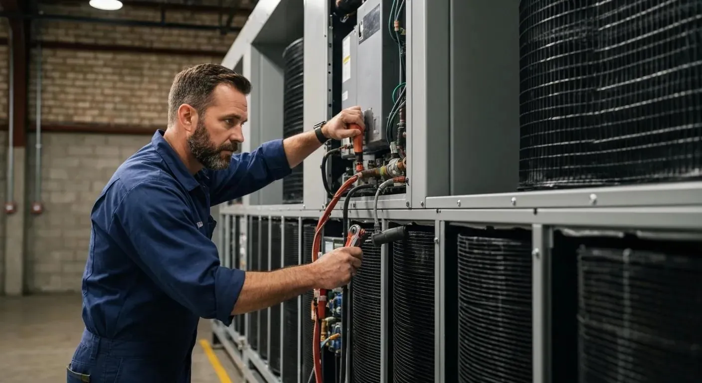 Commercial HVAC technician working on rooftop equipment in NYC