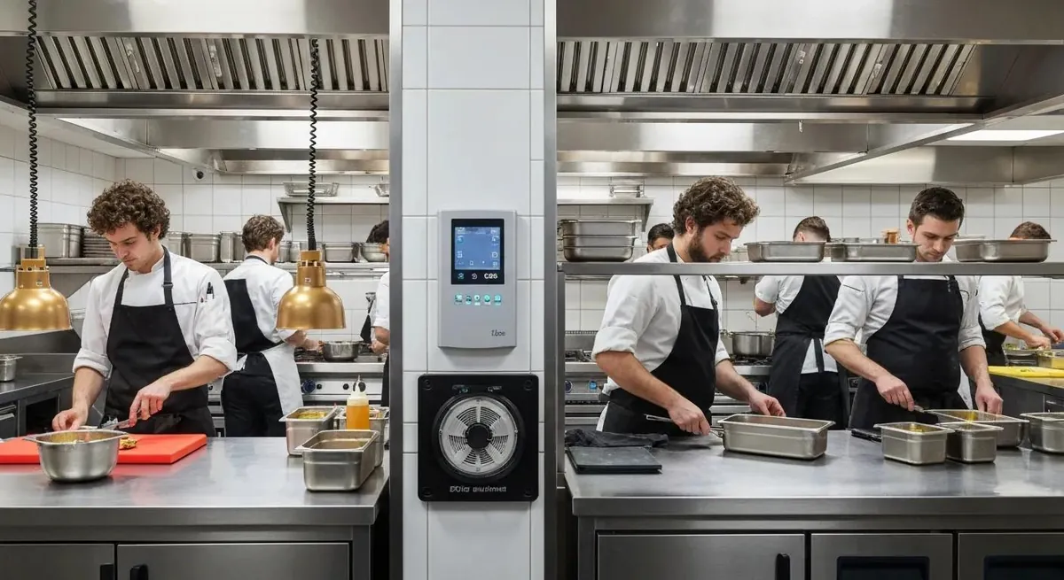 Commercial kitchen with a make-up air unit installed while chefs work
