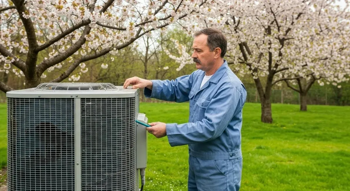 A technician performing seasonal HVAC maintenance, captured during a spring setting.