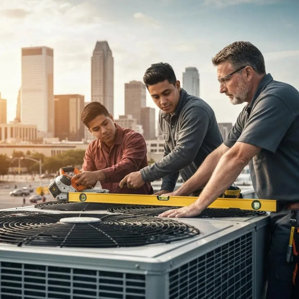 HVAC technicians collaborating on a rooftop unit installation with a city skyline