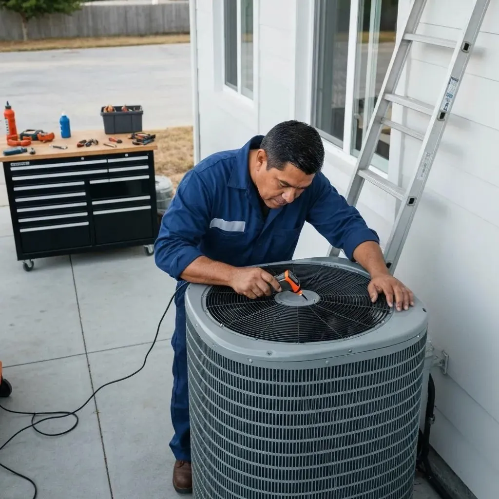 A technician meticulously diagnosing an HVAC system during an emergency repair, showcasing our thorough process.