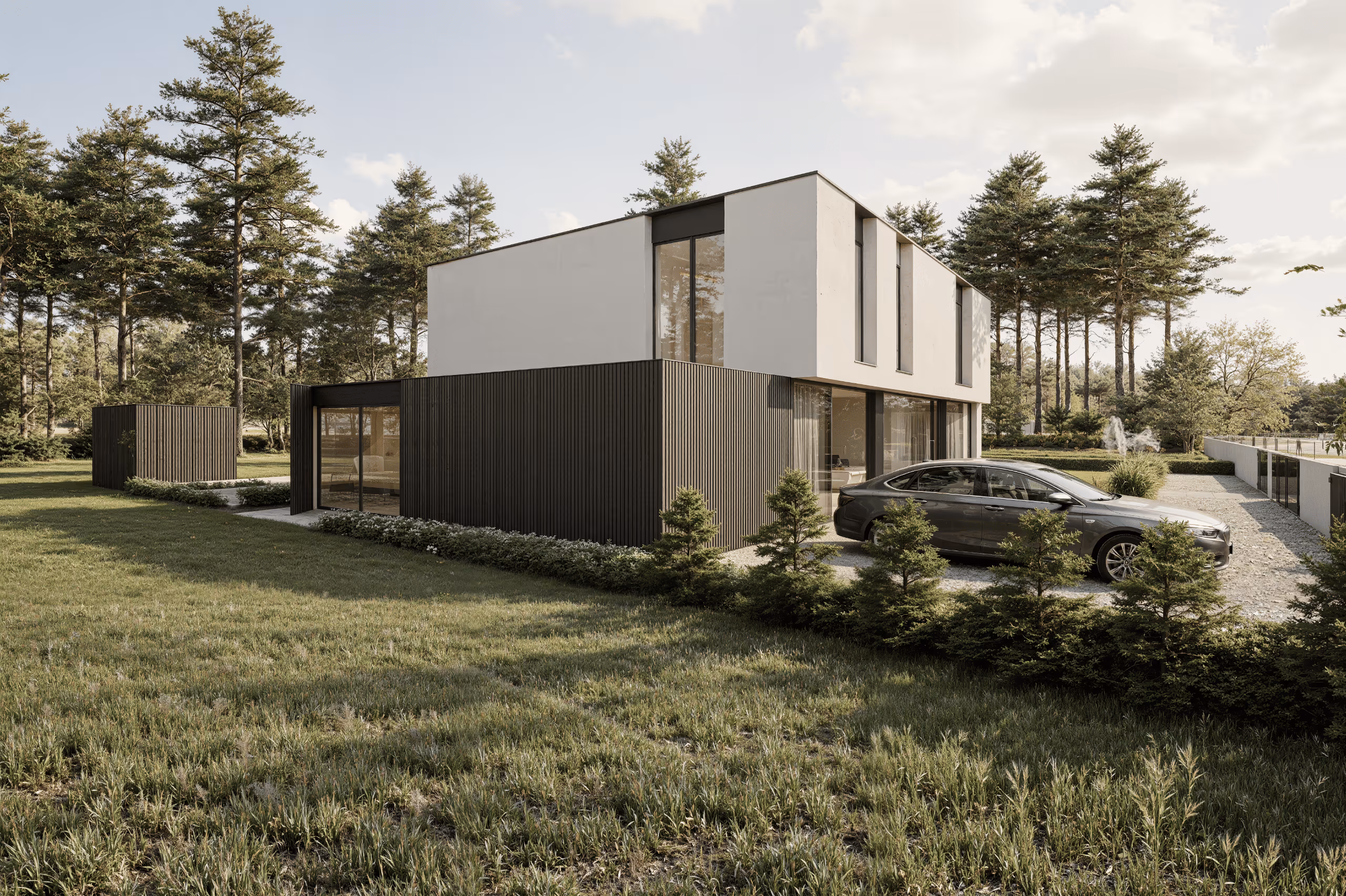 Een moderne kubistische villa met stucwerk en houten gevelbekleding