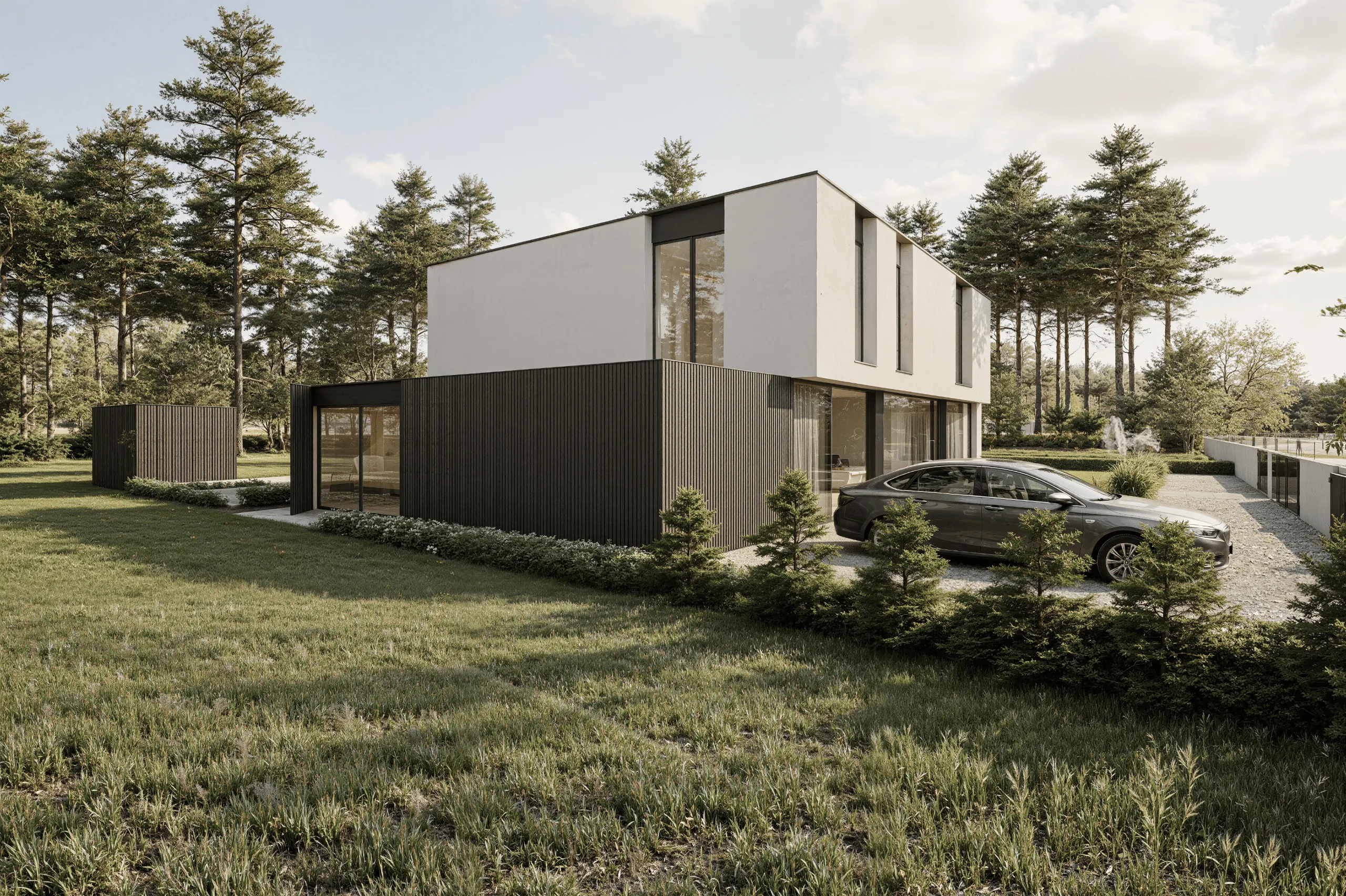 Een moderne kubistische villa met stucwerk en houten gevelbekleding