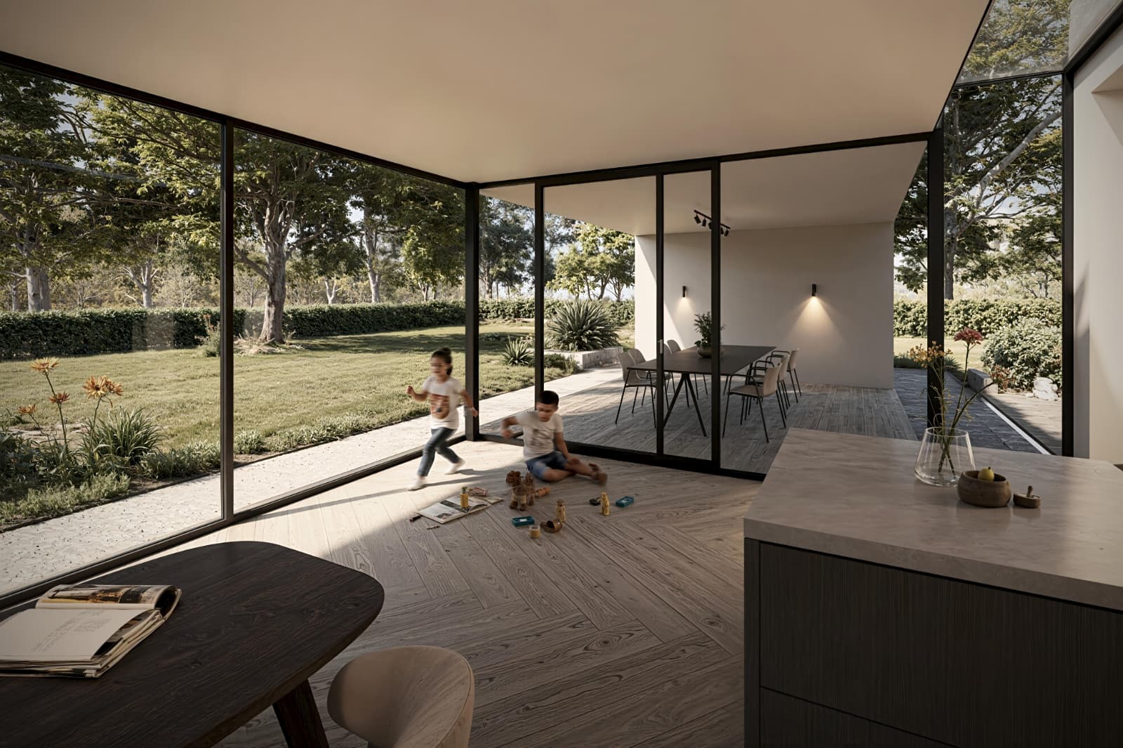 Open aanbouw aan een jaren 30 woning waar het gezinsleven bruist door connectie met de tuin in de woning zelf