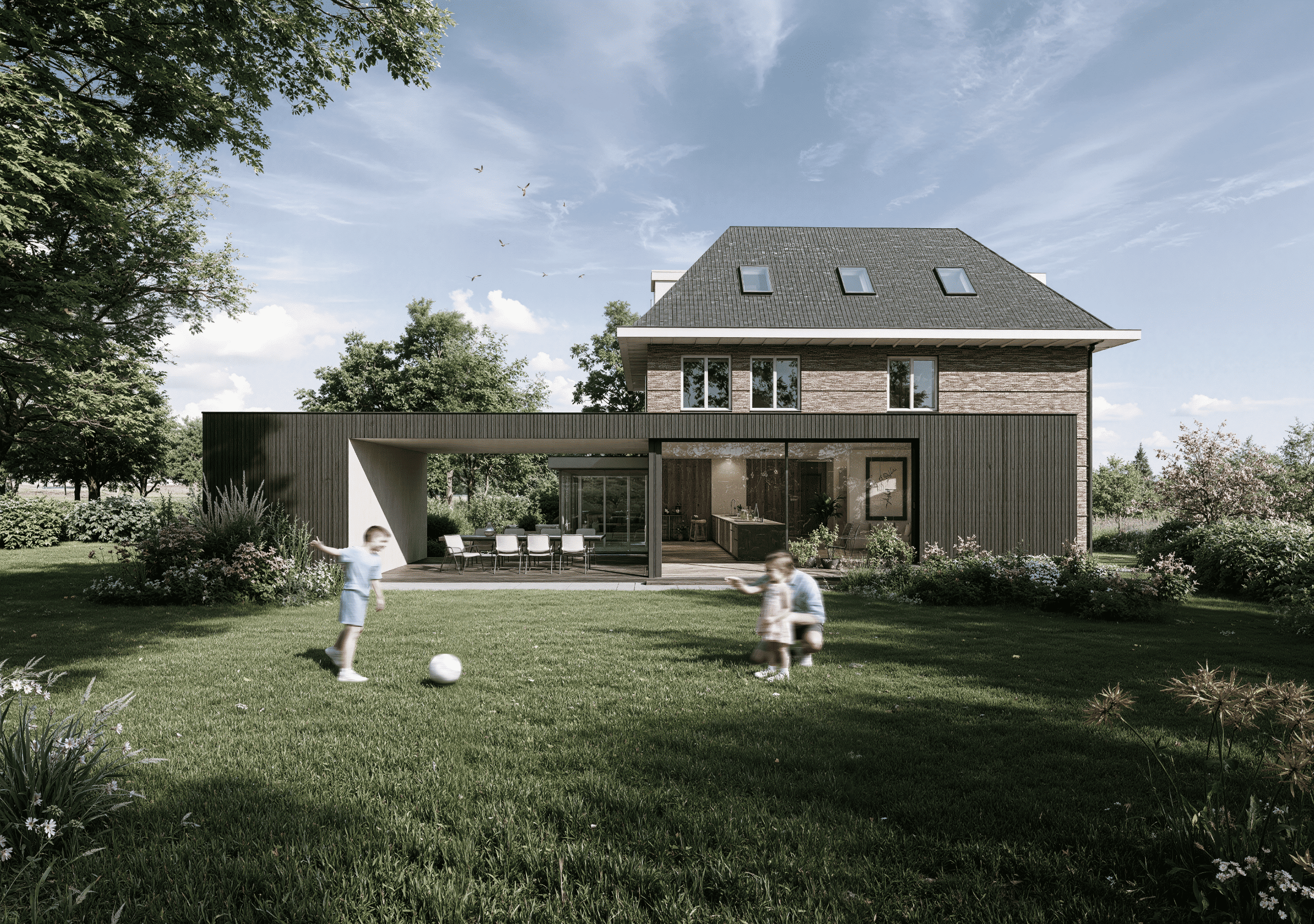 Een moderne aanbouw aan een jaren 30 woning met contrasterende materialen