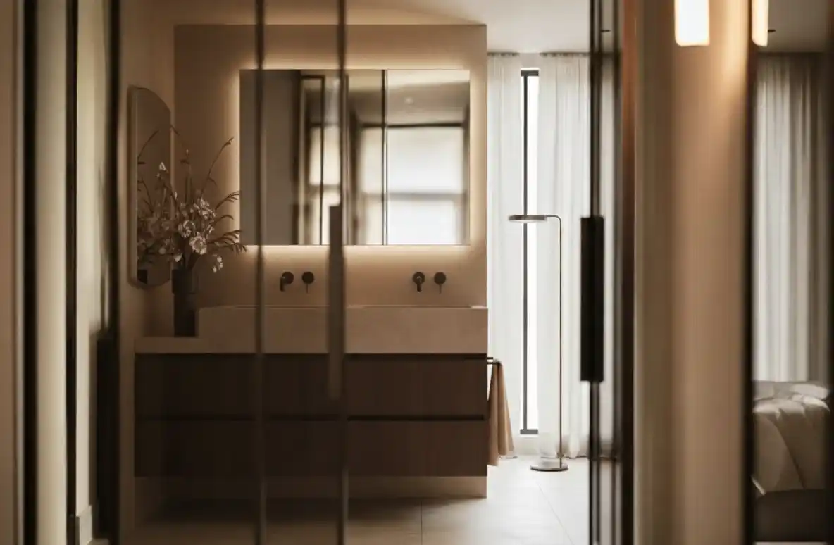 Een doorkijk richting een stijlvolle badkamer waar detail samensmelt in het beeld