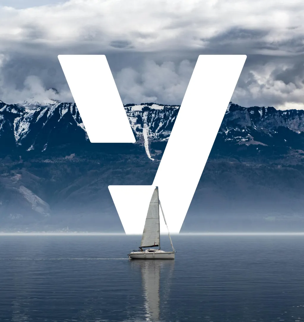 Large white company logo overlay on landscape of Lake Bled with mountains and church