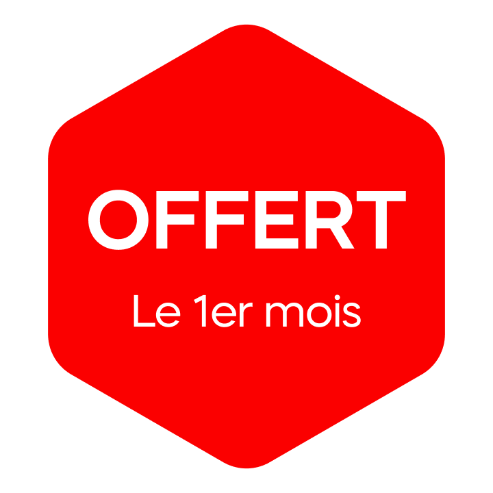 Badge de promotion avec Offert le 1er mois inscrit dessus