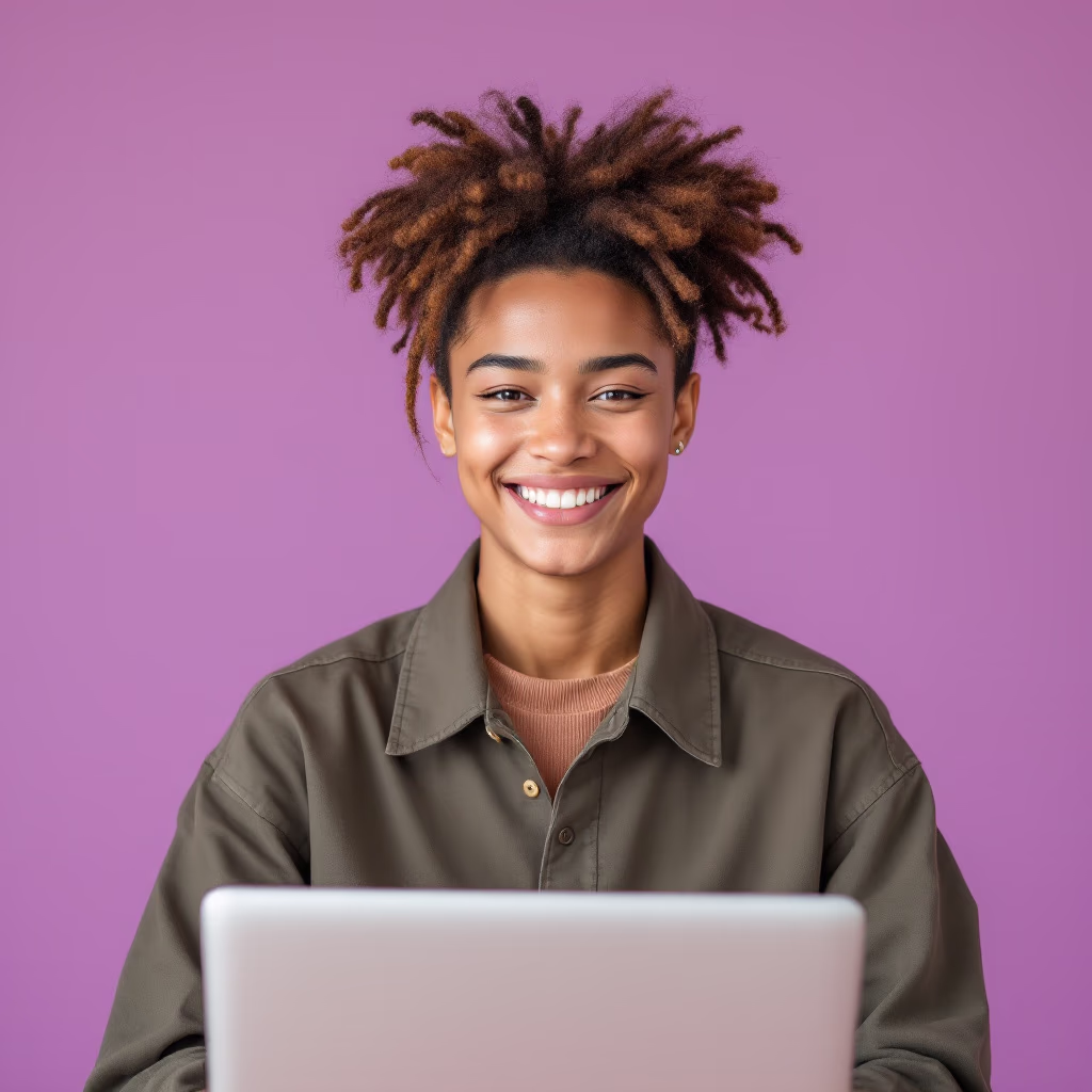 [headshot] image of satisfied student using a laptop