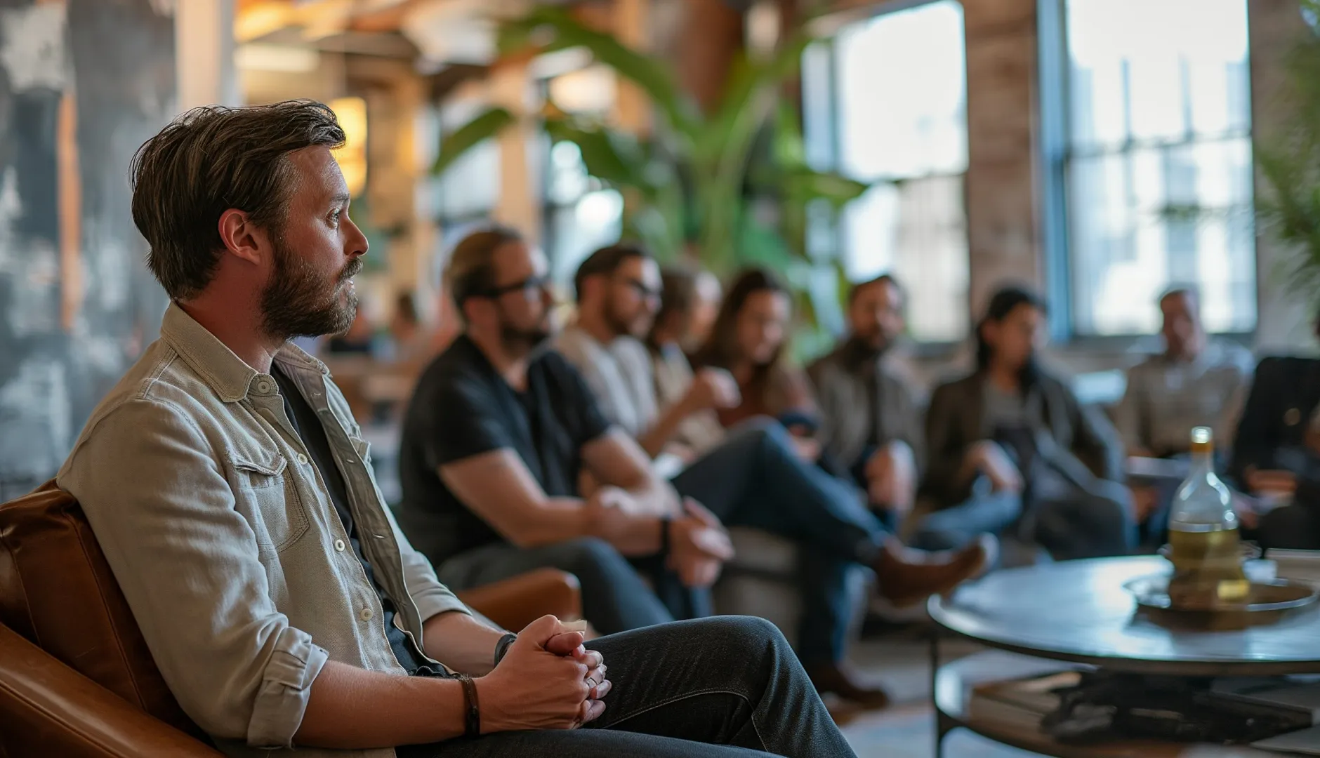 A group of people sitting in a room.