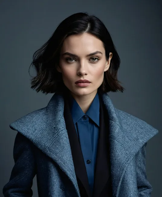 A woman wearing a blue coat and black tie.