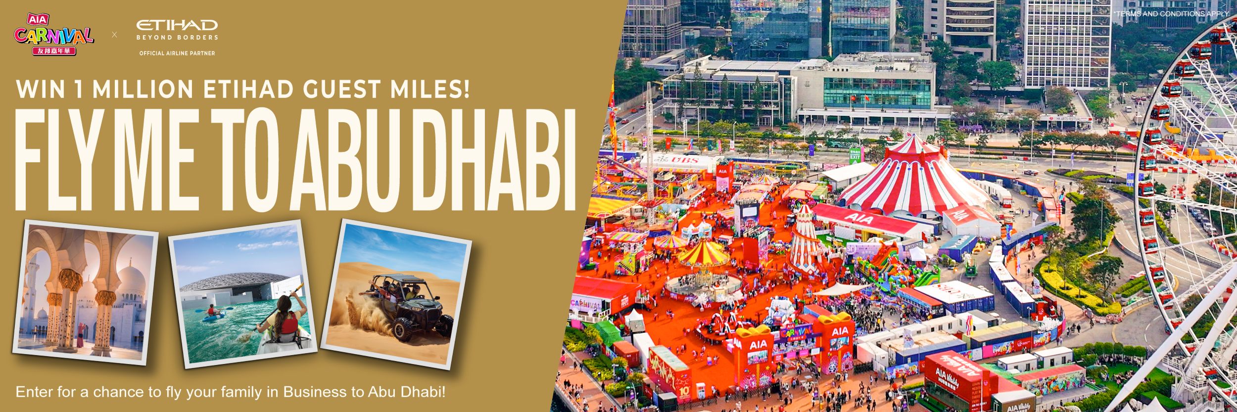 Carnival festival with rides, tents, and crowds beside a cityscape, promoting a contest to win a trip to Abu Dhabi with Etihad Airlines.