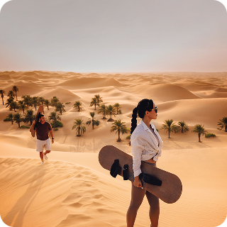 Woman holding a sandboard and a man walking behind her on sand dunes with scattered palm trees under a clear sky.