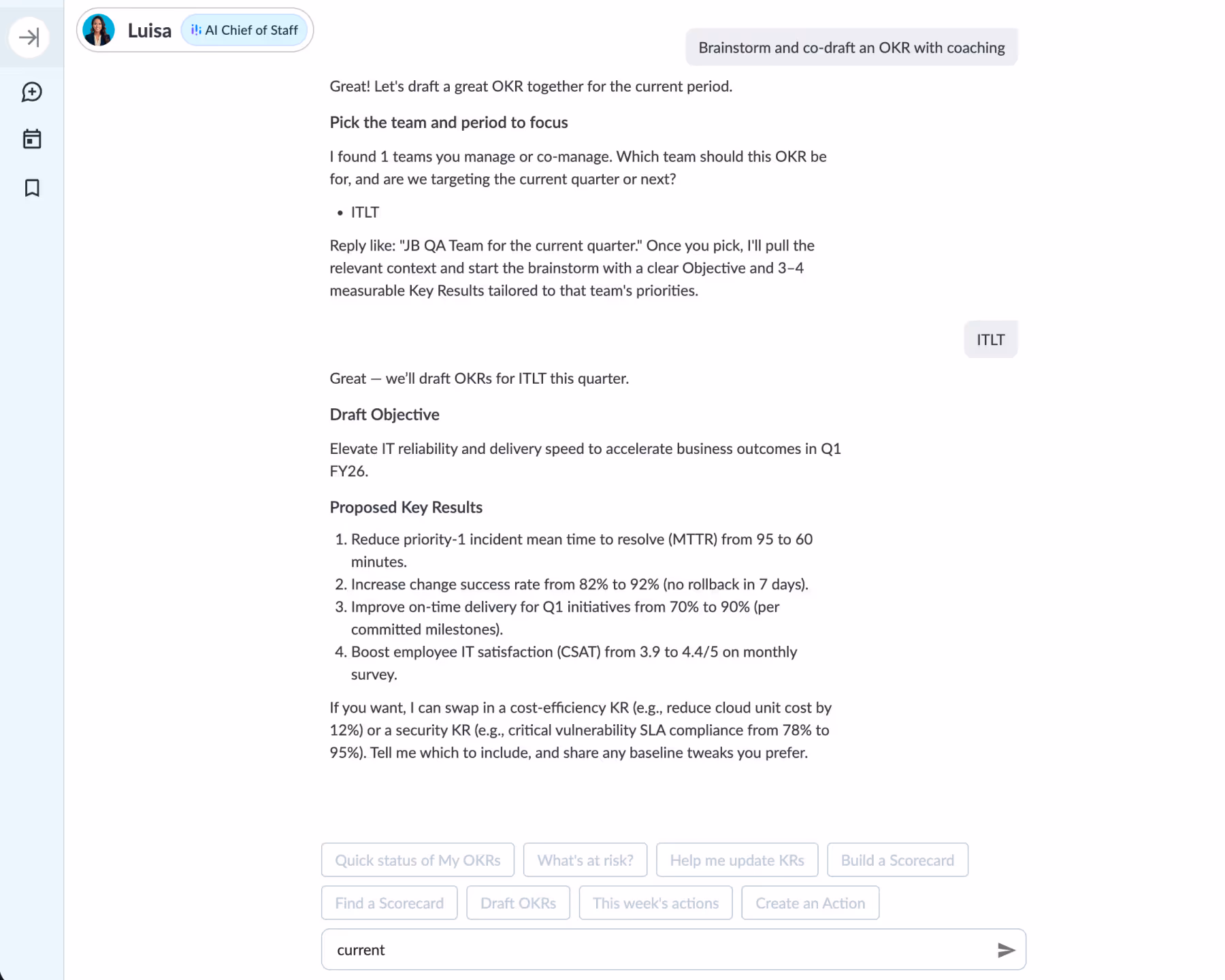 AI Chief of Staff drafting an OKR for the ITLT team