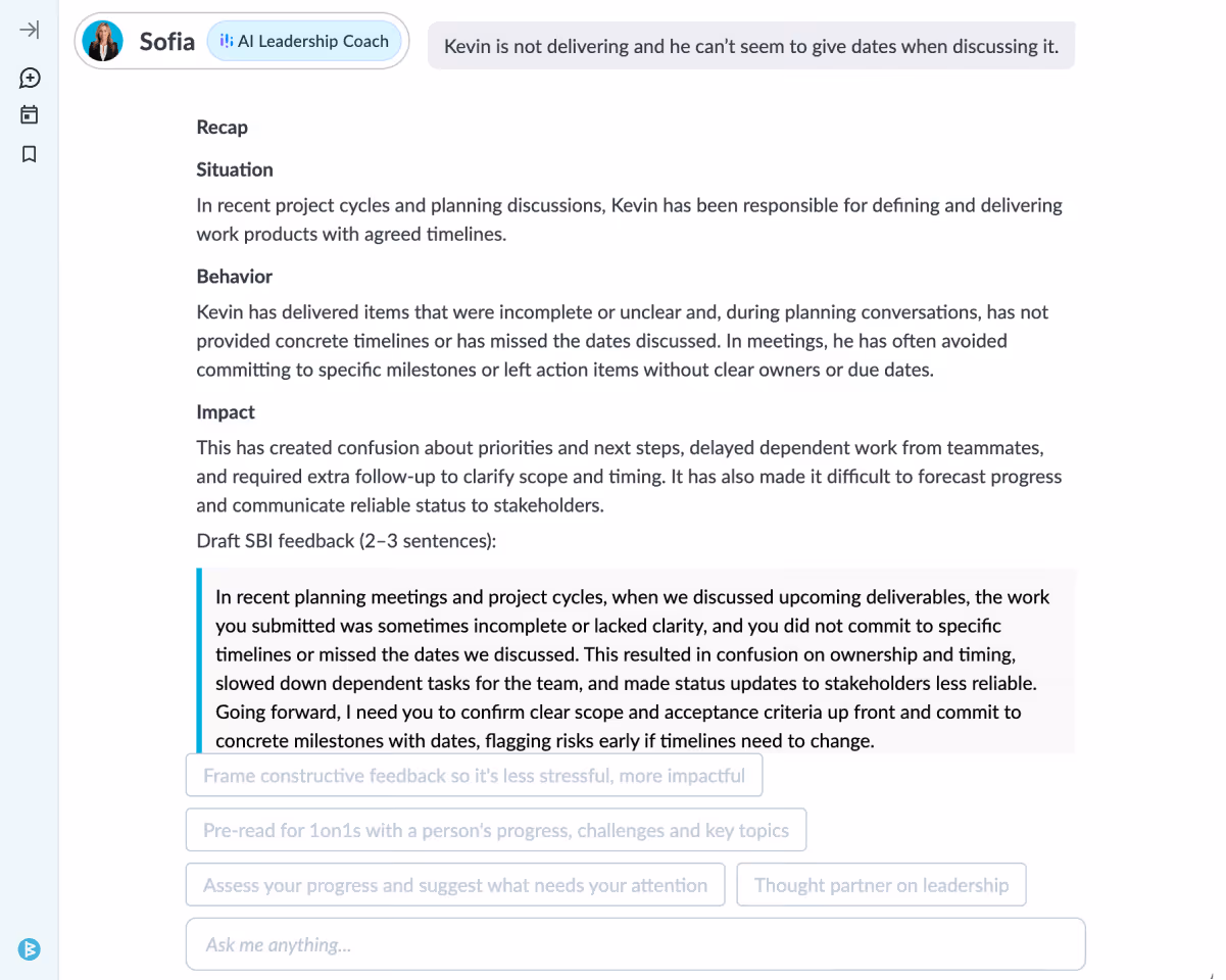 AI Leadership Coach Sofia providing detailed feedback on Kevin’s missed deadlines