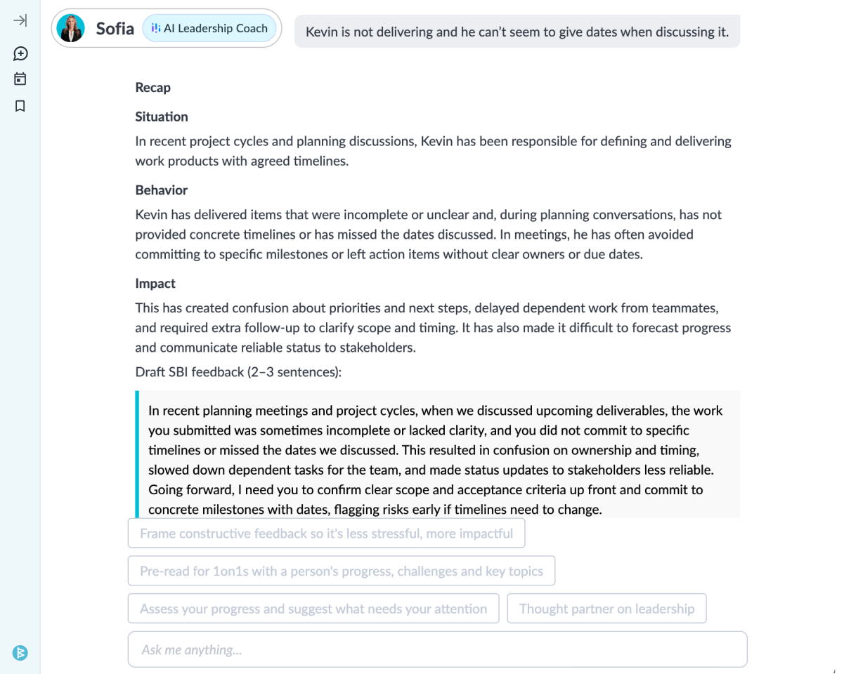 AI Leadership Coach Sofia providing detailed feedback on Kevin’s missed deadlines
