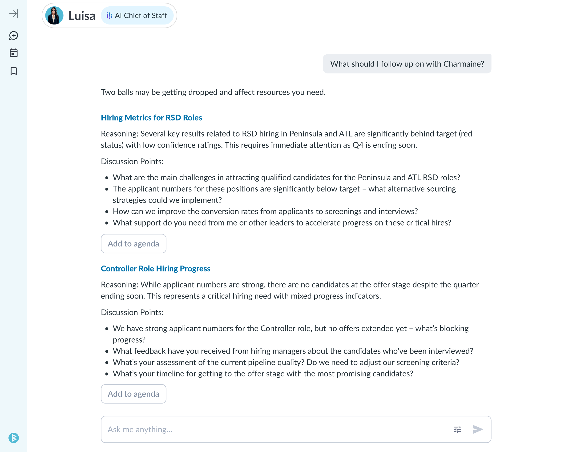 Agent providing follow up guidance for manager's direct report